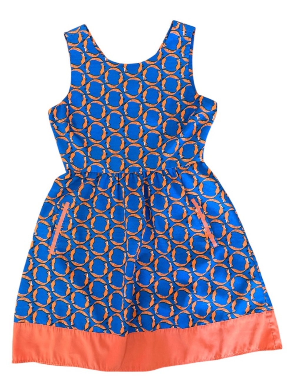 Maison Jules Fox Print Fit Flare Dress Blue Orange Sleeveless Pockets Zip M